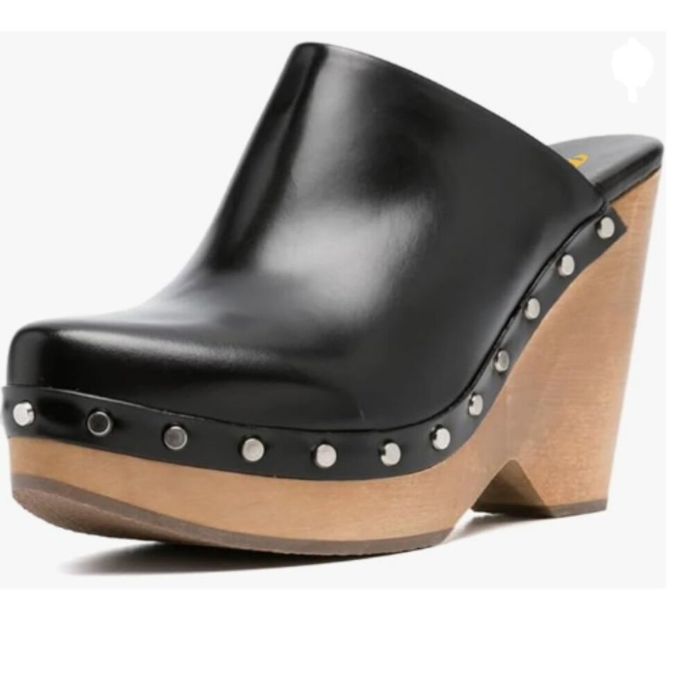 FYS Black Round Toe Slip on Mules Rivet Studded High Heel Wedges Fashion Shoe